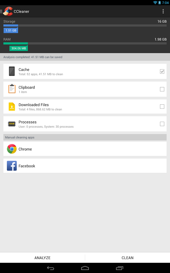 De interface van CCLeaner voor Android smartphones en tablets.