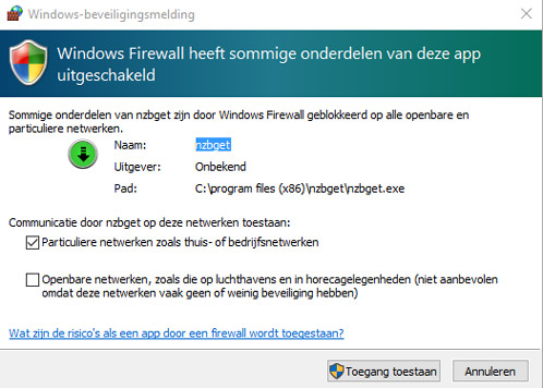 Windows vraagt of NZBGet door de firewall mag.