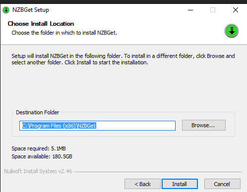 Kies je de folder waar je NZBGet wil installeren en klik op 'Install'.