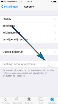Vink in het account scherm van Whatsapp de optie tot het delen van je gegevens met Facebook uit.
