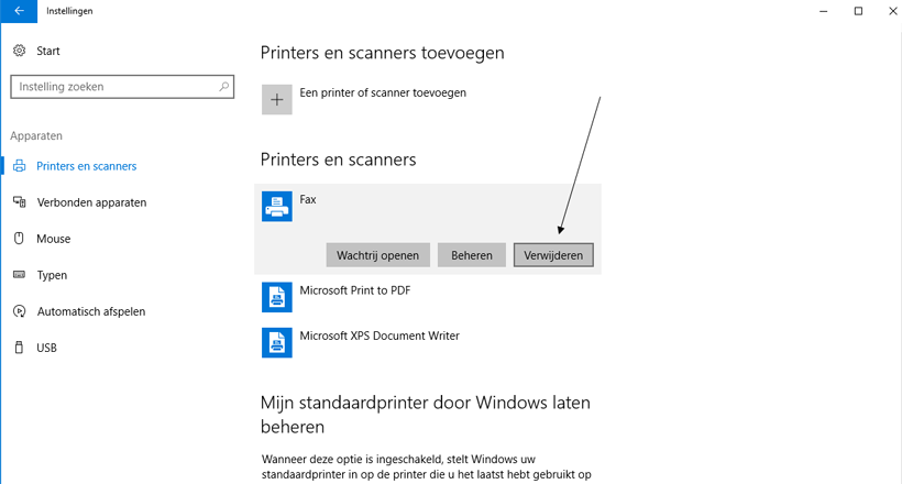 Een printerprobleem in Windows 10 oplossen door de printer te verwijderen.
