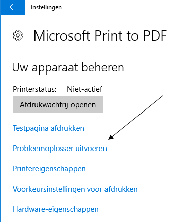 Windows 10 probleemoplosser voor printproblemen.