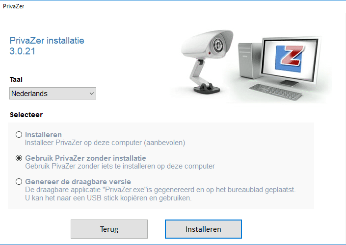 Kies de tweede optie om PrivaZer zonder installatie te gebruiken.