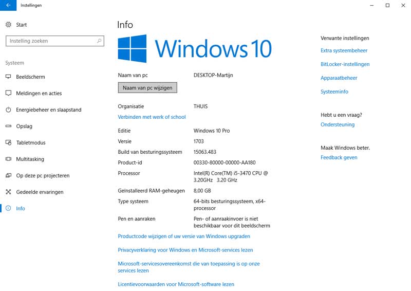 In dit scherm kun de computernaam van Windows 10 wijzigen.