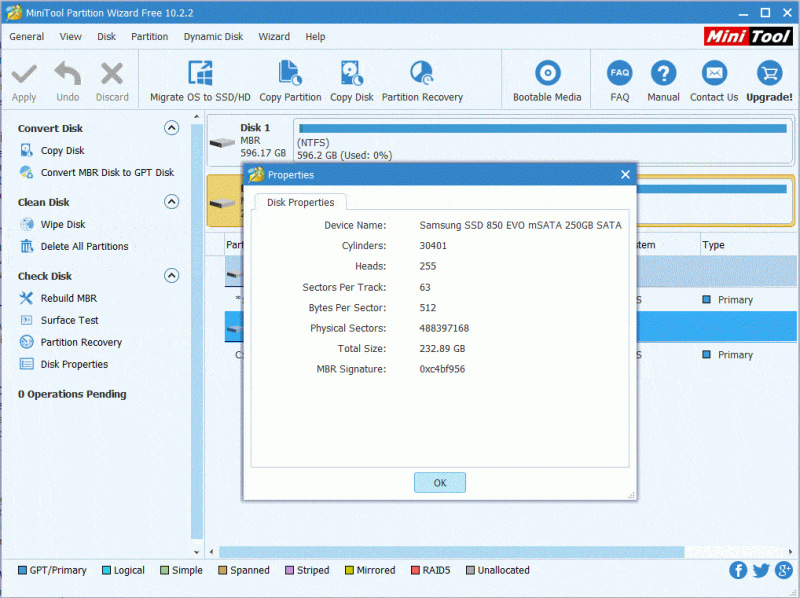 De interface van Partition Manager met daarin zichtbaar de HDD en SSD in mijn computer (Windows 10).
