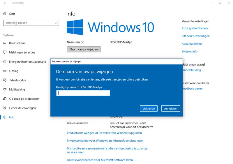 Nieuwe computernaam voor Windows 10.