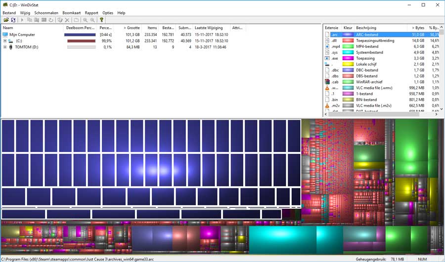 Door middel van kleurcodes kun je zien welke bestanden de meeste ruimte innemen op je computer.