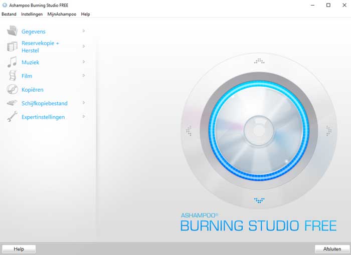 Het startscherm van Ashampoo Burning Studio Free.