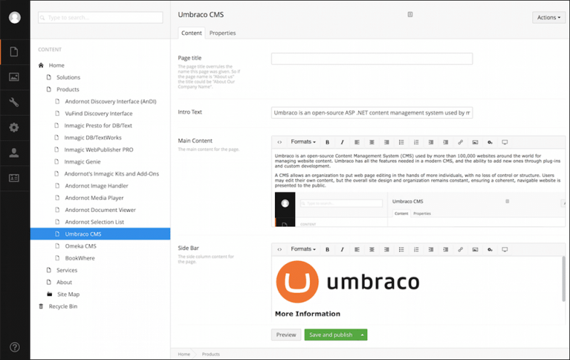 Het dashboard van Umbraco is vergelijkbaar met dat van WordPress.