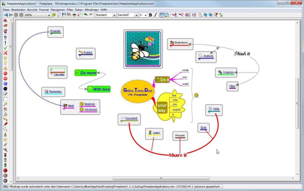 Een voorbeeld van een mindmap die met Freeplane gemaakt is.